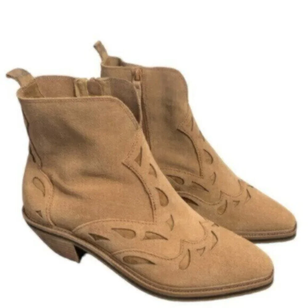 Kelsi Dagger Cliff Mocha Brown Suede Pointed Toe Block Heel Western Ankle Boots